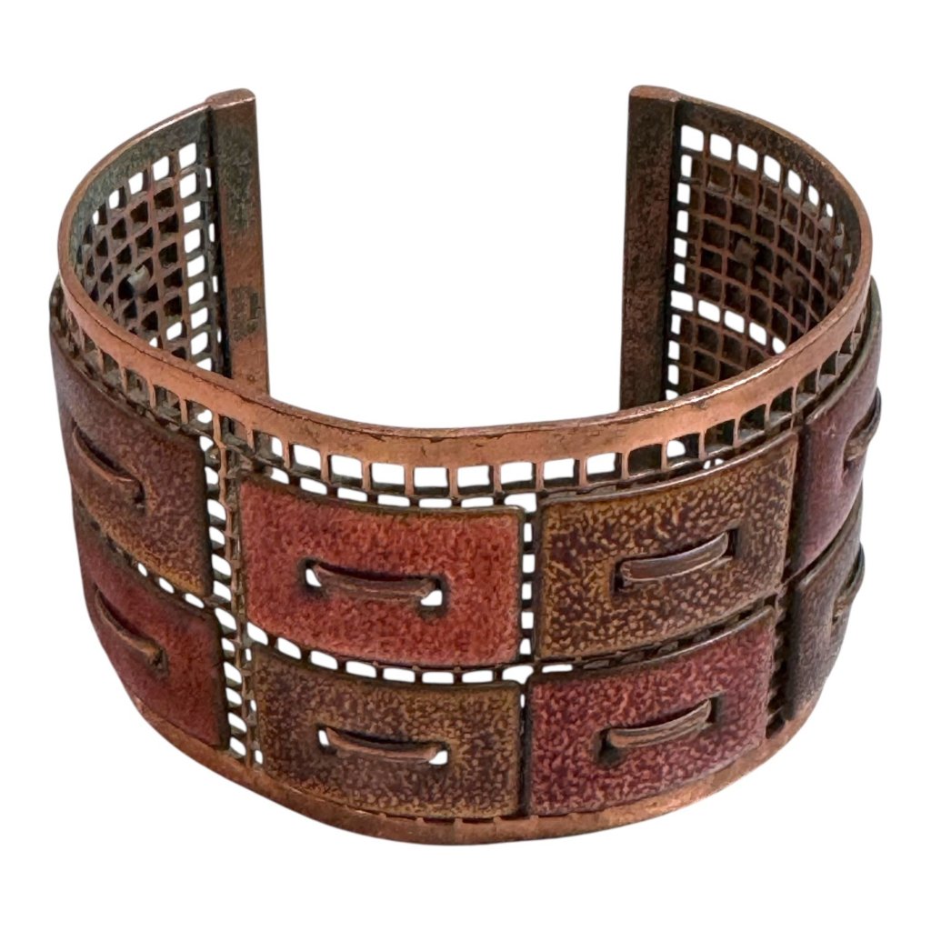 Vintage Matisse Renoir Copper Enamel Cuff Bracelet Mcm Modern Grid Panel Design
